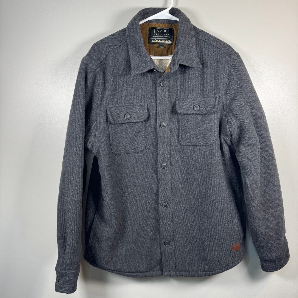 Jachs New York Sherpa Lined Herringbone Shirt‎ Jacket Mens L Grey Wool Blend